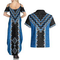 Blue Niho Taniwha Mix Poutama Couples Matching Summer Maxi Dress and Hawaiian Shirt Unique Taniko Aotearoa