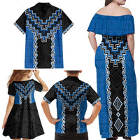 Blue Niho Taniwha Mix Poutama Family Matching Off Shoulder Maxi Dress and Hawaiian Shirt Unique Taniko Aotearoa LT01 - Polynesian Pride