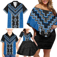 Blue Niho Taniwha Mix Poutama Family Matching Off Shoulder Short Dress and Hawaiian Shirt Unique Taniko Aotearoa LT01 - Polynesian Pride