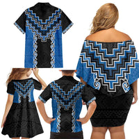 Blue Niho Taniwha Mix Poutama Family Matching Off Shoulder Short Dress and Hawaiian Shirt Unique Taniko Aotearoa LT01 - Polynesian Pride