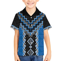 Blue Niho Taniwha Mix Poutama Family Matching Off Shoulder Short Dress and Hawaiian Shirt Unique Taniko Aotearoa LT01 Son's Shirt Blue - Polynesian Pride
