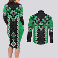 Green Niho Taniwha Mix Poutama Couples Matching Long Sleeve Bodycon Dress and Long Sleeve Button Shirt Unique Taniko Aotearoa LT01 - Polynesian Pride