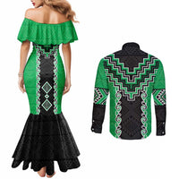 Green Niho Taniwha Mix Poutama Couples Matching Mermaid Dress and Long Sleeve Button Shirt Unique Taniko Aotearoa LT01 - Polynesian Pride