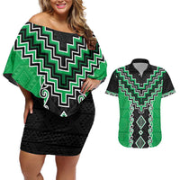 Green Niho Taniwha Mix Poutama Couples Matching Off Shoulder Short Dress and Hawaiian Shirt Unique Taniko Aotearoa LT01 Green - Polynesian Pride