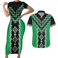 Green Niho Taniwha Mix Poutama Couples Matching Short Sleeve Bodycon Dress and Hawaiian Shirt Unique Taniko Aotearoa LT01 Green - Polynesian Pride