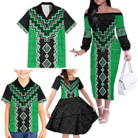 Green Niho Taniwha Mix Poutama Family Matching Off The Shoulder Long Sleeve Dress and Hawaiian Shirt Unique Taniko Aotearoa LT01 - Polynesian Pride