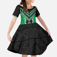 Green Niho Taniwha Mix Poutama Family Matching Off Shoulder Maxi Dress and Hawaiian Shirt Unique Taniko Aotearoa LT01 Daughter's Dress Green - Polynesian Pride