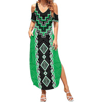 Green Niho Taniwha Mix Poutama Family Matching Summer Maxi Dress and Hawaiian Shirt Unique Taniko Aotearoa LT01 Mom's Dress Green - Polynesian Pride