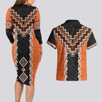 Orange Niho Taniwha Mix Poutama Couples Matching Long Sleeve Bodycon Dress and Hawaiian Shirt Unique Taniko Aotearoa LT01 - Polynesian Pride