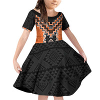 Orange Niho Taniwha Mix Poutama Family Matching Off Shoulder Short Dress and Hawaiian Shirt Unique Taniko Aotearoa LT01 Daughter's Dress Orange - Polynesian Pride