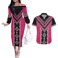 Pink Niho Taniwha Mix Poutama Couples Matching Off The Shoulder Long Sleeve Dress and Hawaiian Shirt Unique Taniko Aotearoa LT01 Pink - Polynesian Pride