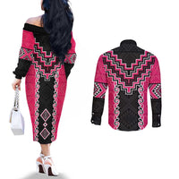 Pink Niho Taniwha Mix Poutama Couples Matching Off The Shoulder Long Sleeve Dress and Long Sleeve Button Shirt Unique Taniko Aotearoa LT01 - Polynesian Pride