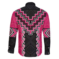 Pink Niho Taniwha Mix Poutama Family Matching Off The Shoulder Long Sleeve Dress and Hawaiian Shirt Unique Taniko Aotearoa LT01 - Polynesian Pride