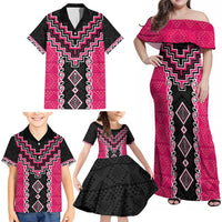 Pink Niho Taniwha Mix Poutama Family Matching Off Shoulder Maxi Dress and Hawaiian Shirt Unique Taniko Aotearoa LT01 - Polynesian Pride