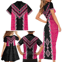 Pink Niho Taniwha Mix Poutama Family Matching Short Sleeve Bodycon Dress and Hawaiian Shirt Unique Taniko Aotearoa LT01 - Polynesian Pride