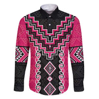 Pink Niho Taniwha Mix Poutama Family Matching Tank Maxi Dress and Hawaiian Shirt Unique Taniko Aotearoa LT01 Dad's Shirt - Long Sleeve Pink - Polynesian Pride