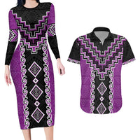 Purple Niho Taniwha Mix Poutama Couples Matching Long Sleeve Bodycon Dress and Hawaiian Shirt Unique Taniko Aotearoa LT01 Purple - Polynesian Pride