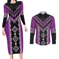 Purple Niho Taniwha Mix Poutama Couples Matching Long Sleeve Bodycon Dress and Long Sleeve Button Shirt Unique Taniko Aotearoa LT01 Purple - Polynesian Pride