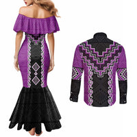 Purple Niho Taniwha Mix Poutama Couples Matching Mermaid Dress and Long Sleeve Button Shirt Unique Taniko Aotearoa LT01 - Polynesian Pride