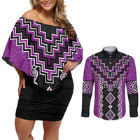 Purple Niho Taniwha Mix Poutama Couples Matching Off Shoulder Short Dress and Long Sleeve Button Shirt Unique Taniko Aotearoa LT01 Purple - Polynesian Pride
