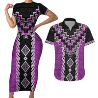 Purple Niho Taniwha Mix Poutama Couples Matching Short Sleeve Bodycon Dress and Hawaiian Shirt Unique Taniko Aotearoa LT01 Purple - Polynesian Pride
