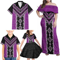 Purple Niho Taniwha Mix Poutama Family Matching Off Shoulder Maxi Dress and Hawaiian Shirt Unique Taniko Aotearoa LT01 - Polynesian Pride