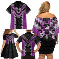 Purple Niho Taniwha Mix Poutama Family Matching Off Shoulder Short Dress and Hawaiian Shirt Unique Taniko Aotearoa LT01 - Polynesian Pride