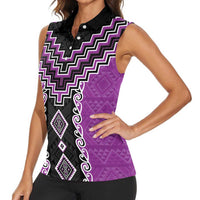 Purple Niho Taniwha Mix Poutama Women Sleeveless Polo Shirt Unique Taniko Aotearoa LT01 - Polynesian Pride