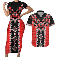 Red Niho Taniwha Mix Poutama Couples Matching Short Sleeve Bodycon Dress and Hawaiian Shirt Unique Taniko Aotearoa LT01 Red - Polynesian Pride