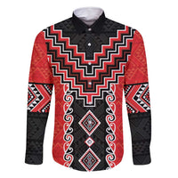 Red Niho Taniwha Mix Poutama Family Matching Mermaid Dress and Hawaiian Shirt Unique Taniko Aotearoa LT01 Dad's Shirt - Long Sleeve Red - Polynesian Pride