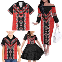 Red Niho Taniwha Mix Poutama Family Matching Off The Shoulder Long Sleeve Dress and Hawaiian Shirt Unique Taniko Aotearoa LT01 - Polynesian Pride