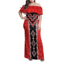 Red Niho Taniwha Mix Poutama Family Matching Off Shoulder Maxi Dress and Hawaiian Shirt Unique Taniko Aotearoa LT01 Mom's Dress Red - Polynesian Pride