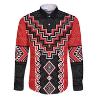 Red Niho Taniwha Mix Poutama Family Matching Short Sleeve Bodycon Dress and Hawaiian Shirt Unique Taniko Aotearoa LT01 Dad's Shirt - Long Sleeve Red - Polynesian Pride