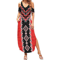 Red Niho Taniwha Mix Poutama Summer Maxi Dress Unique Taniko Aotearoa