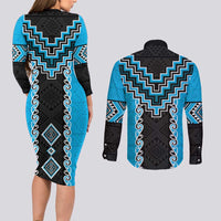 Sky Blue Niho Taniwha Mix Poutama Couples Matching Long Sleeve Bodycon Dress and Long Sleeve Button Shirt Unique Taniko Aotearoa LT01 - Polynesian Pride