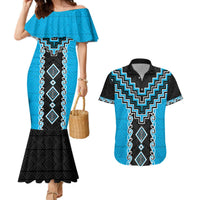 Sky Blue Niho Taniwha Mix Poutama Couples Matching Mermaid Dress and Hawaiian Shirt Unique Taniko Aotearoa LT01 Sky Blue - Polynesian Pride