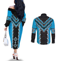 Sky Blue Niho Taniwha Mix Poutama Couples Matching Off The Shoulder Long Sleeve Dress and Long Sleeve Button Shirt Unique Taniko Aotearoa LT01 - Polynesian Pride