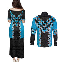 Sky Blue Niho Taniwha Mix Poutama Couples Matching Puletasi and Long Sleeve Button Shirt Unique Taniko Aotearoa