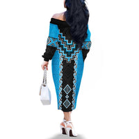Sky Blue Niho Taniwha Mix Poutama Family Matching Off The Shoulder Long Sleeve Dress and Hawaiian Shirt Unique Taniko Aotearoa LT01 - Polynesian Pride