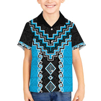 Sky Blue Niho Taniwha Mix Poutama Family Matching Off The Shoulder Long Sleeve Dress and Hawaiian Shirt Unique Taniko Aotearoa LT01 Son's Shirt Sky Blue - Polynesian Pride