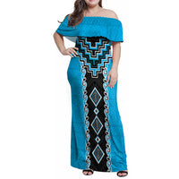 Sky Blue Niho Taniwha Mix Poutama Family Matching Off Shoulder Maxi Dress and Hawaiian Shirt Unique Taniko Aotearoa LT01 Mom's Dress Sky Blue - Polynesian Pride