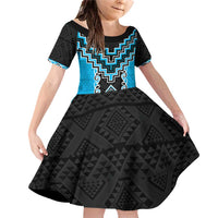 Sky Blue Niho Taniwha Mix Poutama Family Matching Off Shoulder Short Dress and Hawaiian Shirt Unique Taniko Aotearoa LT01 Daughter's Dress Sky Blue - Polynesian Pride