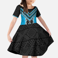 Sky Blue Niho Taniwha Mix Poutama Kid Short Sleeve Dress Unique Taniko Aotearoa