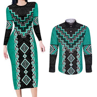 Teal Niho Taniwha Mix Poutama Couples Matching Long Sleeve Bodycon Dress and Long Sleeve Button Shirt Unique Taniko Aotearoa LT01 Teal - Polynesian Pride