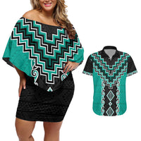 Teal Niho Taniwha Mix Poutama Couples Matching Off Shoulder Short Dress and Hawaiian Shirt Unique Taniko Aotearoa LT01 Teal - Polynesian Pride
