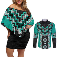 Teal Niho Taniwha Mix Poutama Couples Matching Off Shoulder Short Dress and Long Sleeve Button Shirt Unique Taniko Aotearoa