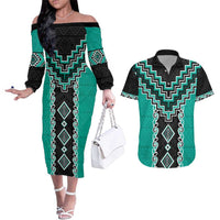 Teal Niho Taniwha Mix Poutama Couples Matching Off The Shoulder Long Sleeve Dress and Hawaiian Shirt Unique Taniko Aotearoa LT01 Teal - Polynesian Pride