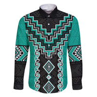 Teal Niho Taniwha Mix Poutama Family Matching Mermaid Dress and Hawaiian Shirt Unique Taniko Aotearoa LT01 Dad's Shirt - Long Sleeve Teal - Polynesian Pride