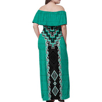 Teal Niho Taniwha Mix Poutama Family Matching Off Shoulder Maxi Dress and Hawaiian Shirt Unique Taniko Aotearoa LT01 - Polynesian Pride
