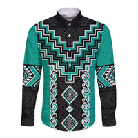 Teal Niho Taniwha Mix Poutama Long Sleeve Button Shirt Unique Taniko Aotearoa
